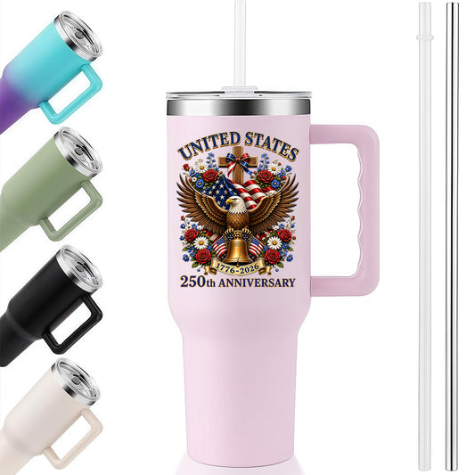 40oz Stainless Steel Tumbler | United States 250th Anniversary Eagle Cross Liberty Bell Floral Vintage Patriotic Christian Travel Mug