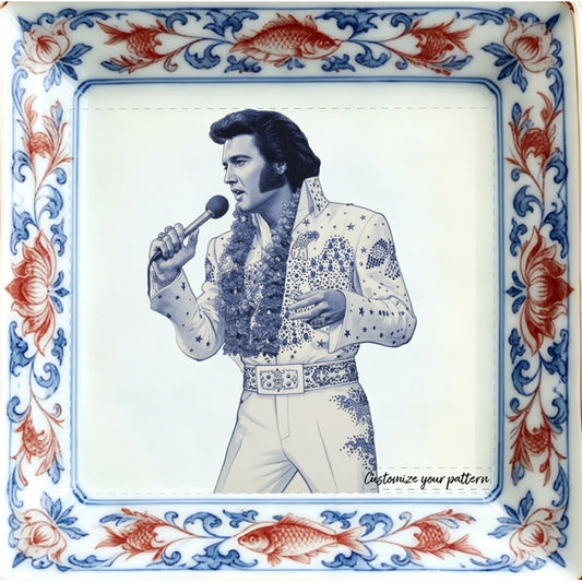 Custom Vintage Portrait Jewelry Dish - Personalized  Photo Ceramic Tray with Blue and Red Floral Chinoiserie Border