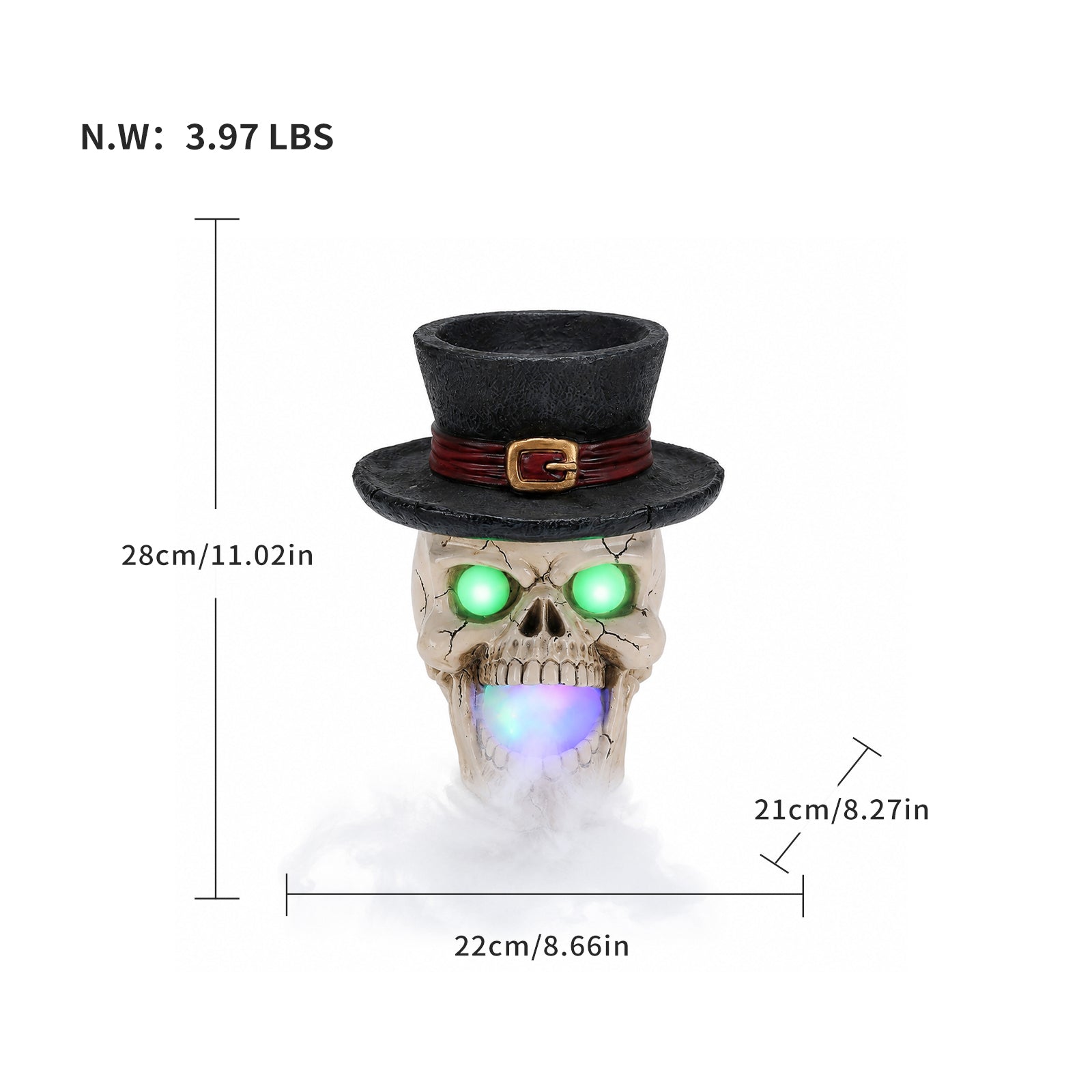 Size diagram of the top hat skull fogger with its height, width and depth measured in inches and its weight in pounds