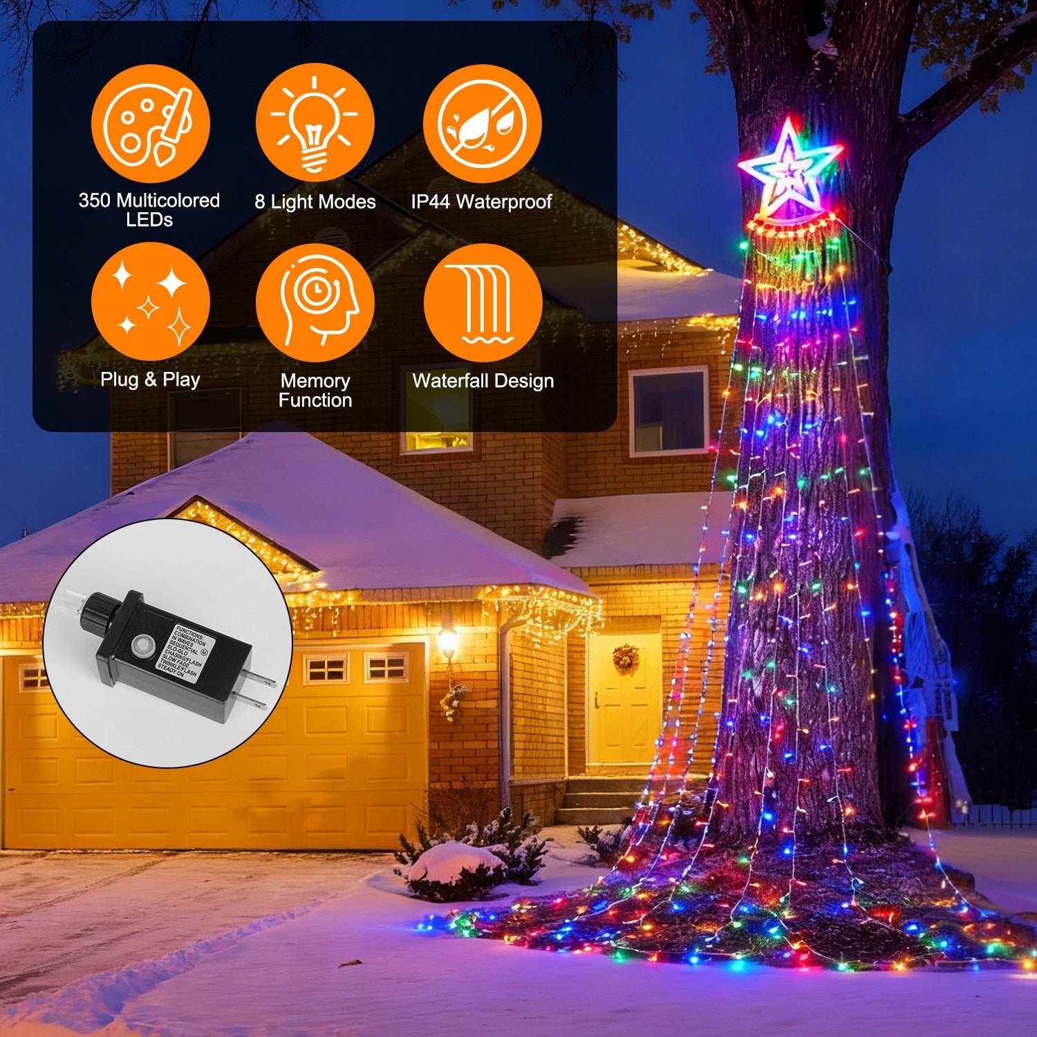 11.48FT 350LED Multicolored Christmas Star Waterfall Tree String Light Indoor Outdoor Waterproof String Lights With Star Topper 8 Light Modes Memory F