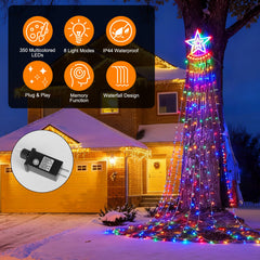 11.48FT 350LED Multicolored Christmas Star Waterfall Tree String Light Indoor Outdoor Waterproof String Lights With Star Topper 8 Light Modes Memory F