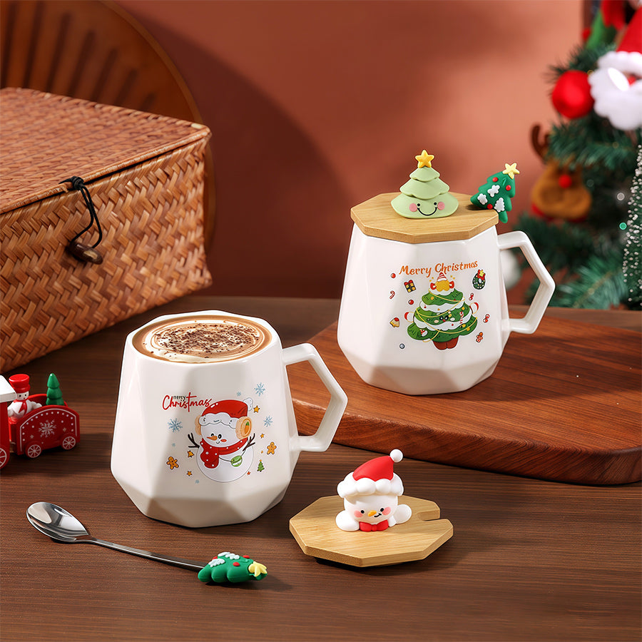 Christmas Mug Gift Set with Warmer - Santa Ceramic Coffee Mug, Wooden Lid & Tree Spoon, Holiday Keepsake Gift Box (4-Piece)