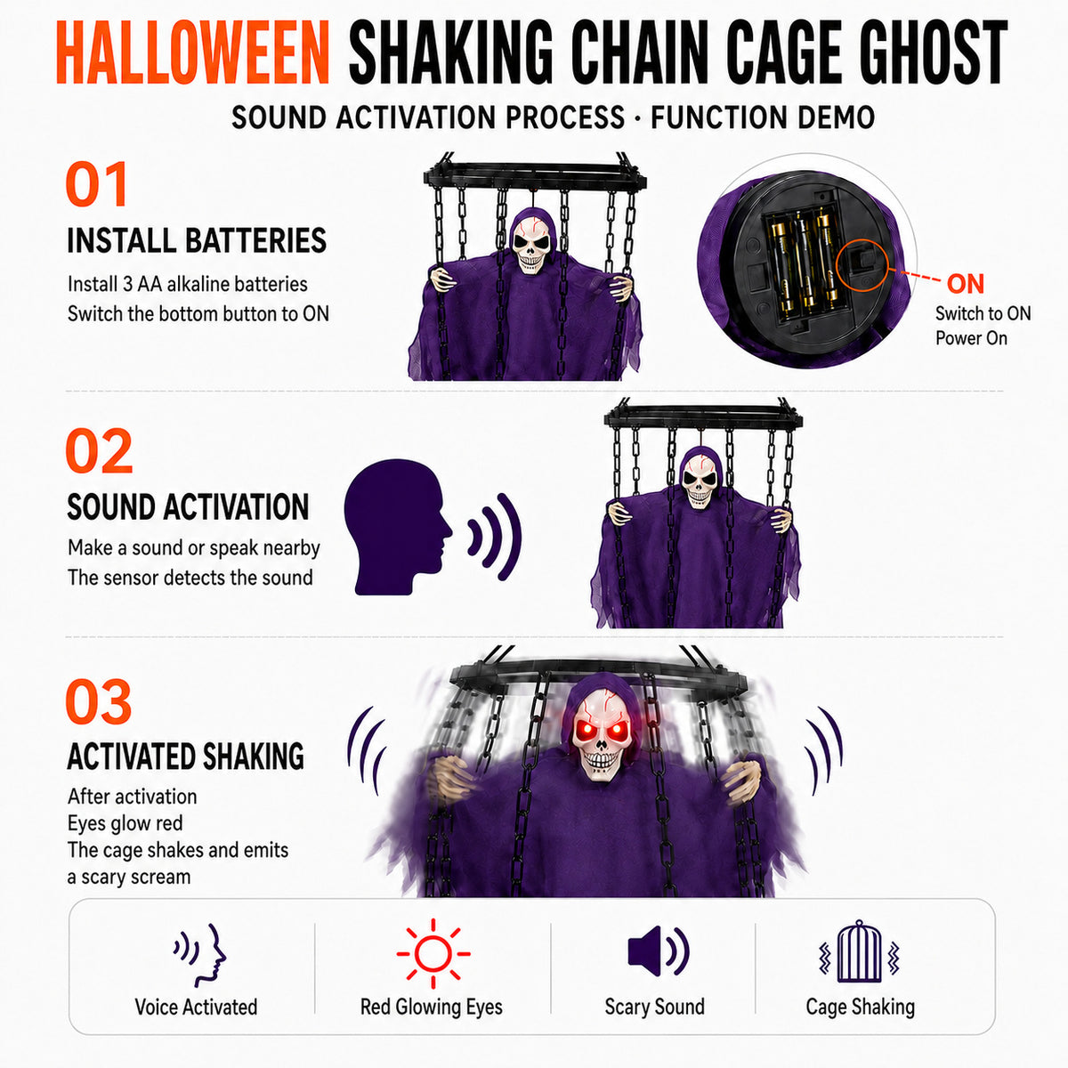 Halloween cage with sound-controlled ghost decorations