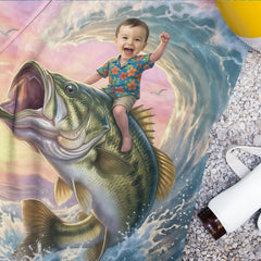 Personalized Fishing Beach Towel with Boys Face & Name, Bass Fish Kid Gift, Kids Towel.