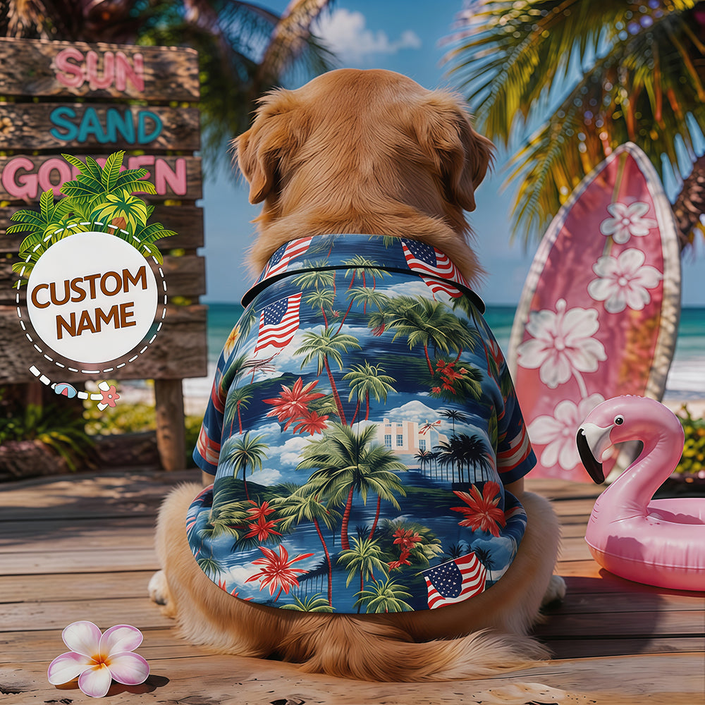 Custom Name Tropical Island Palm Tree Dog Hawaiian Shirt, American Flag Scenery Print Personalized Pet Summer Beach Vacation Shirt