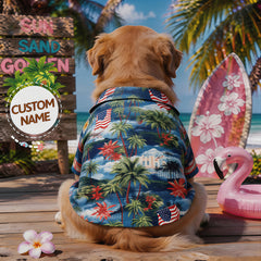 Custom Name Tropical Island Palm Tree Dog Hawaiian Shirt, American Flag Scenery Print Personalized Pet Summer Beach Vacation Shirt