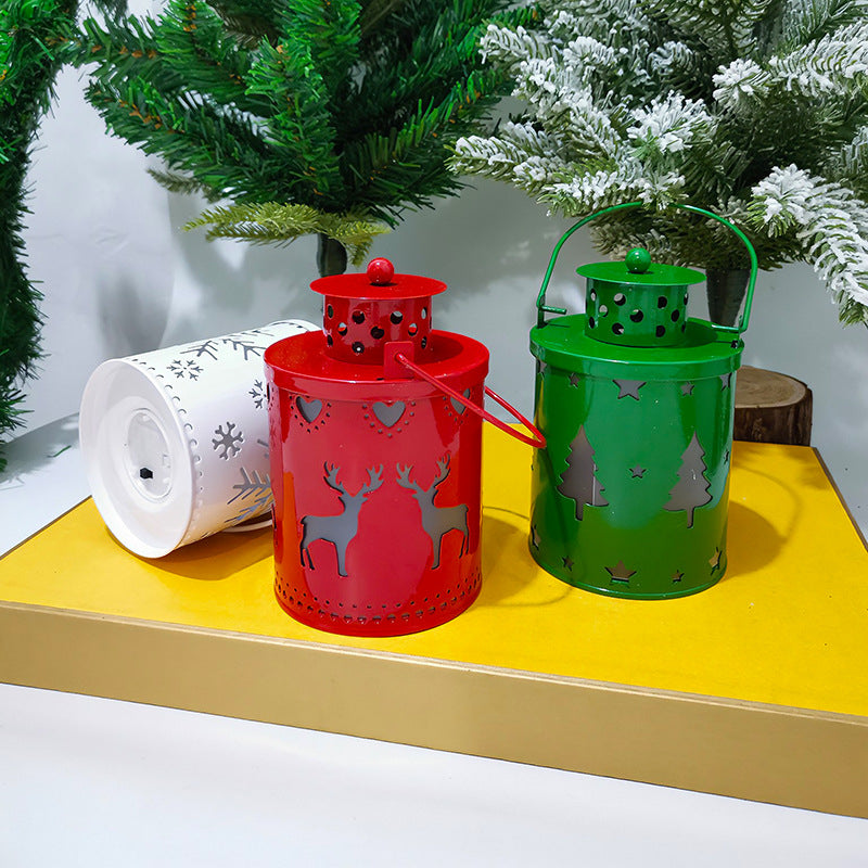 Christmas Mini Metal LED Lantern, Hollow Snowflake Reindeer Tree Pattern, Portable Hanging Night Light, Xmas Tabletop Decor for Home, Party, Holiday Decoration