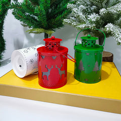 Christmas Mini Metal LED Lantern, Hollow Snowflake Reindeer Tree Pattern, Portable Hanging Night Light, Xmas Tabletop Decor for Home, Party, Holiday Decoration