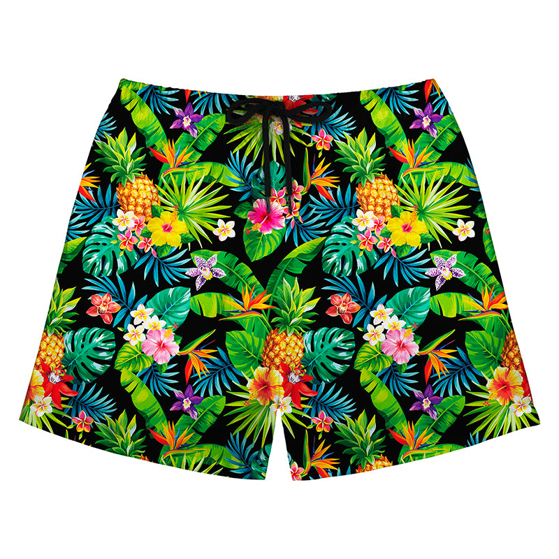 Black Pineapple & Tropical Floral Print Swim Trunks