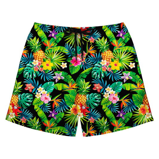 Black Pineapple & Tropical Floral Print Swim Trunks