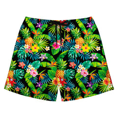 Black Pineapple & Tropical Floral Print Swim Trunks