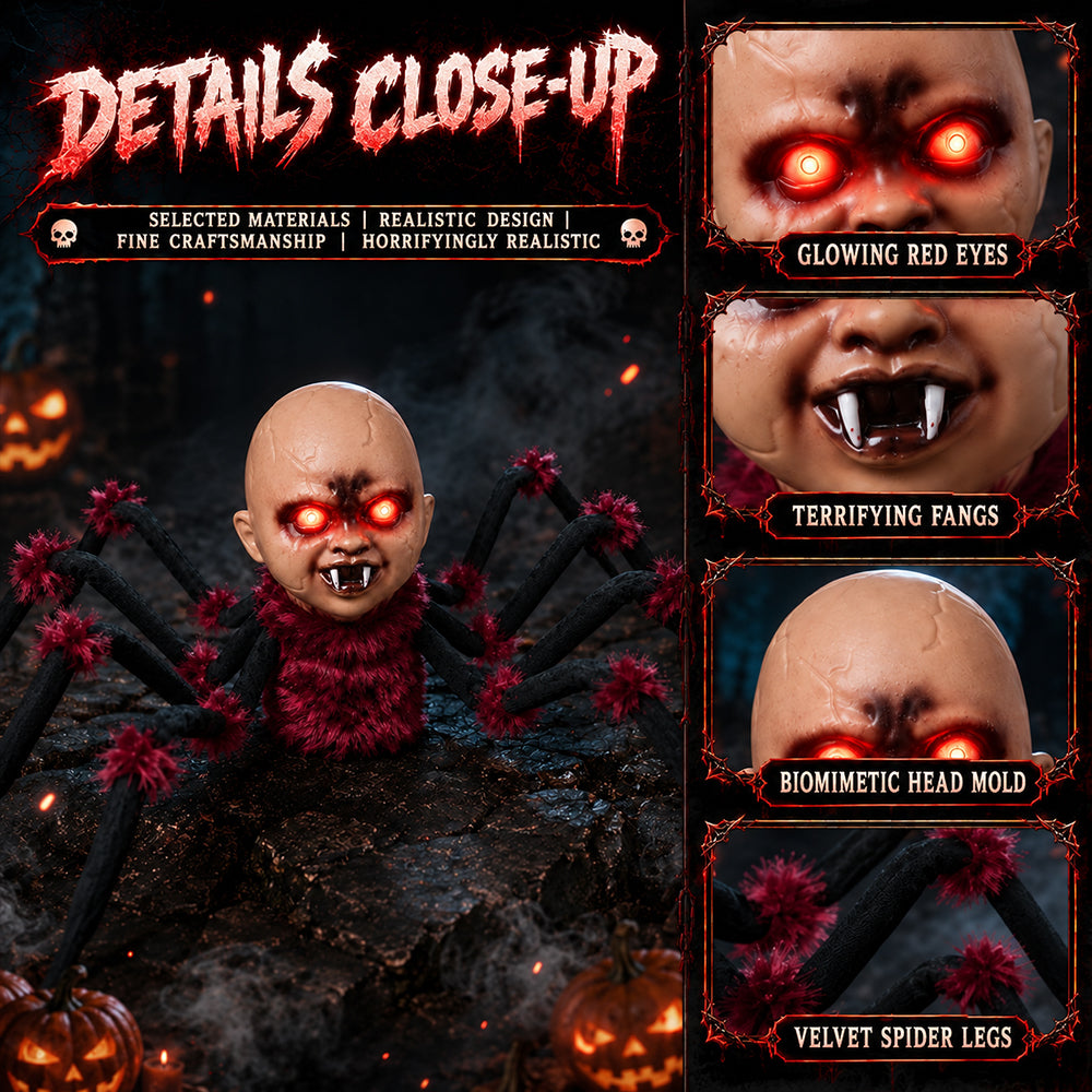 Halloween Crawling Head Spider Animatronic Prop, Touch Activated Decoration with Red LED Glowing Eyes, Spooky Music, Move Forward & Backward for Haunted House Yard Decor