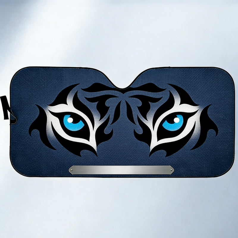Personalized Tribal Blue-Eyed Tiger Car Sunshade - Custom Family Name Denim Blue Texture Background