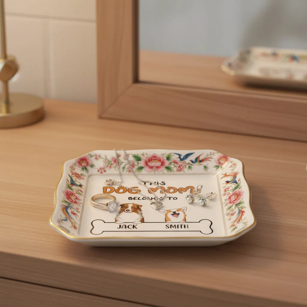 Custom Photo Ceramic Trinket Tray with Elegant Floral and Phoenix Bird Border-My Cute Little Dog