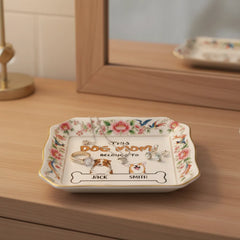 Custom Photo Ceramic Trinket Tray with Elegant Floral and Phoenix Bird Border-My Cute Little Dog
