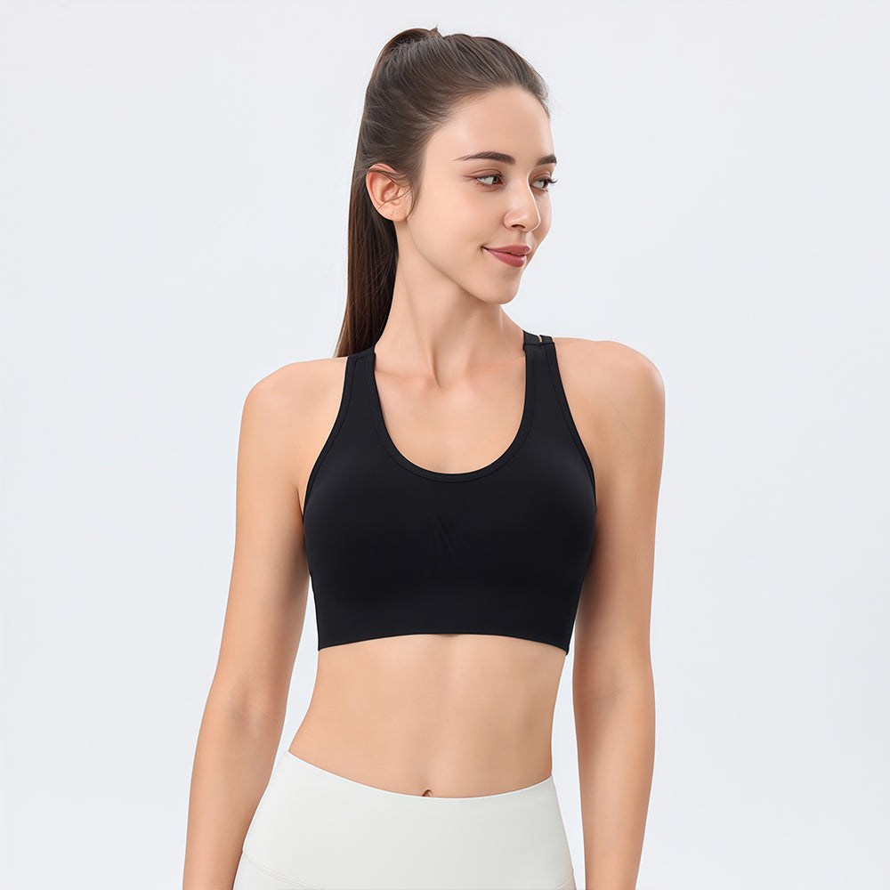 Custom Logo Crisscross Back Sports Bra Women, U Neck Double Strap Scrunch Back Longline Yoga Workout Crop Top, Customizable Private Label Activewear Bra
