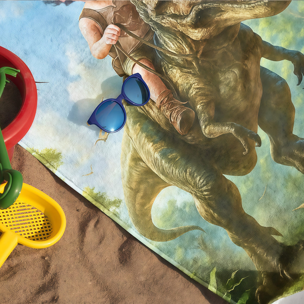 Personalized Dinosaur Beach Towel, Custom Dino Kid Pool Towel, Child Face Name, Boys Gift.