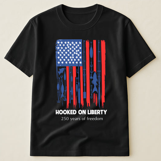 250 Years of Freedom Fishing Flag T-Shirt, Patriotic "Hooked On Liberty" USA Fishing Tee