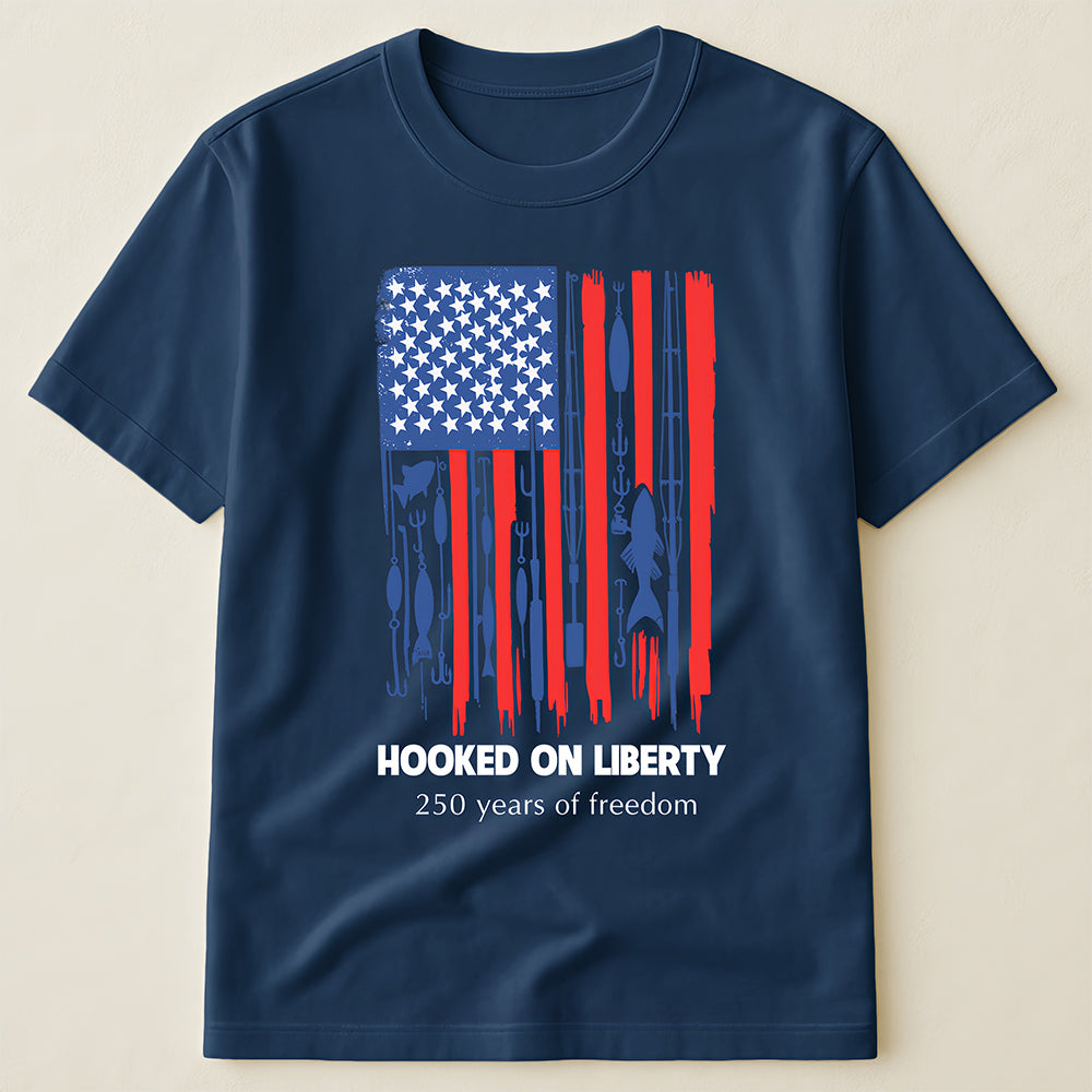 250 Years of Freedom Fishing Flag T-Shirt, Patriotic "Hooked On Liberty" USA Fishing Tee