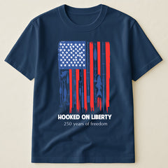 250 Years of Freedom Fishing Flag T-Shirt, Patriotic "Hooked On Liberty" USA Fishing Tee