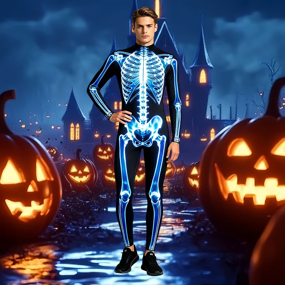 Glow-in-the-dark skeleton bodysuit, Halloween UV fluorescent skeleton cosplay outfit, stretchy long-sleeve leotard, electronic music party costume