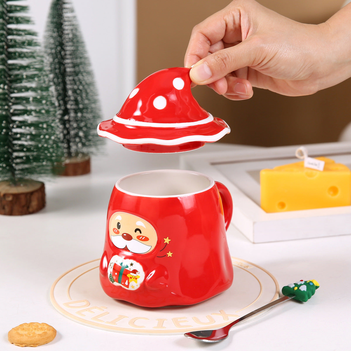 Santa Claus mug gift set - Includes a Christmas hat lid and tree-shaped spoon, with a gift box with a bag (3-piece set)