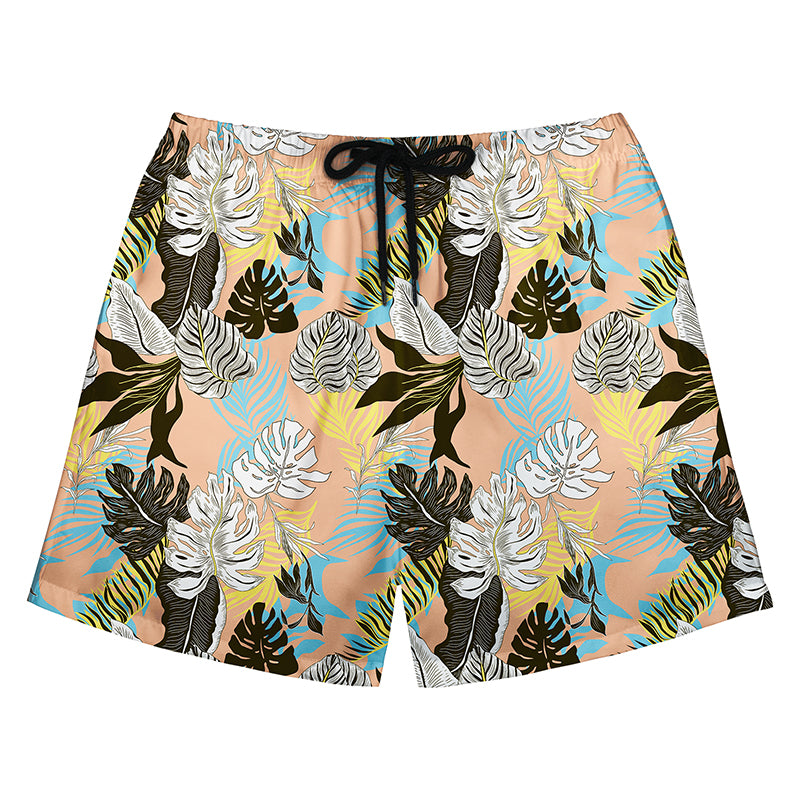 Peach Background Tropical Sketch Leaf Print Swim Trunks