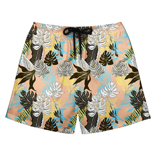 Peach Background Tropical Sketch Leaf Print Swim Trunks
