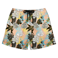 Peach Background Tropical Sketch Leaf Print Swim Trunks