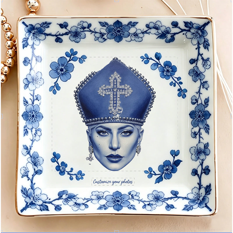 Custom Blue Willow Style Jewelry Dish - Personalized Photo Ceramic Trinket Tray with Elegant Blue Floral Border