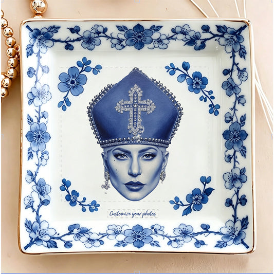 Custom Blue Willow Style Jewelry Dish - Personalized Photo Ceramic Trinket Tray with Elegant Blue Floral Border