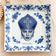 Custom Blue Willow Style Jewelry Dish - Personalized Photo Ceramic Trinket Tray with Elegant Blue Floral Border