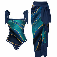 Teal Marble Print Bow Strap Swimsuit with Wrap Skirt