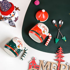 Christmas Santa Ceramic Mug with Lid & Gift Box, Cute 3D Hand-Painted Santa Coffee Cup, Holiday Xmas Gift for Family Friends