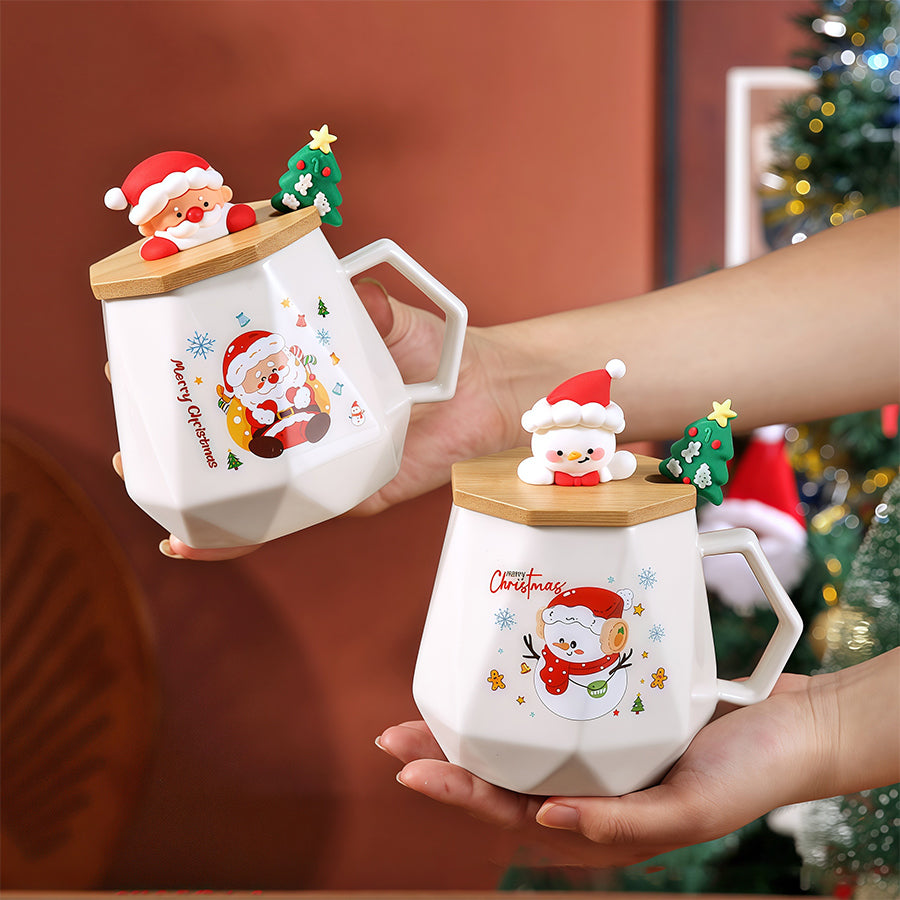 Christmas Mug Gift Set with Warmer - Santa Ceramic Coffee Mug, Wooden Lid & Tree Spoon, Holiday Keepsake Gift Box (4-Piece)