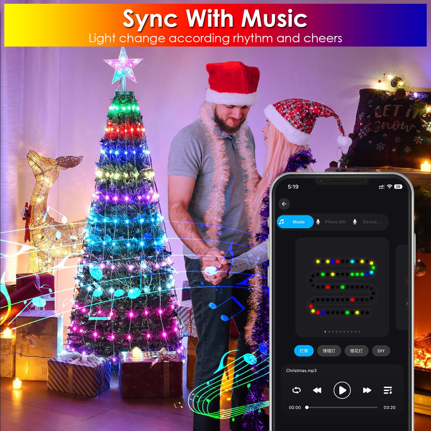 4.9FT 166Pcs LED Lights Collapsible Christmas Tree Light with Remote App Control IP65 Waterproof Customized Multi-Color Mode Timer Setting Work with A