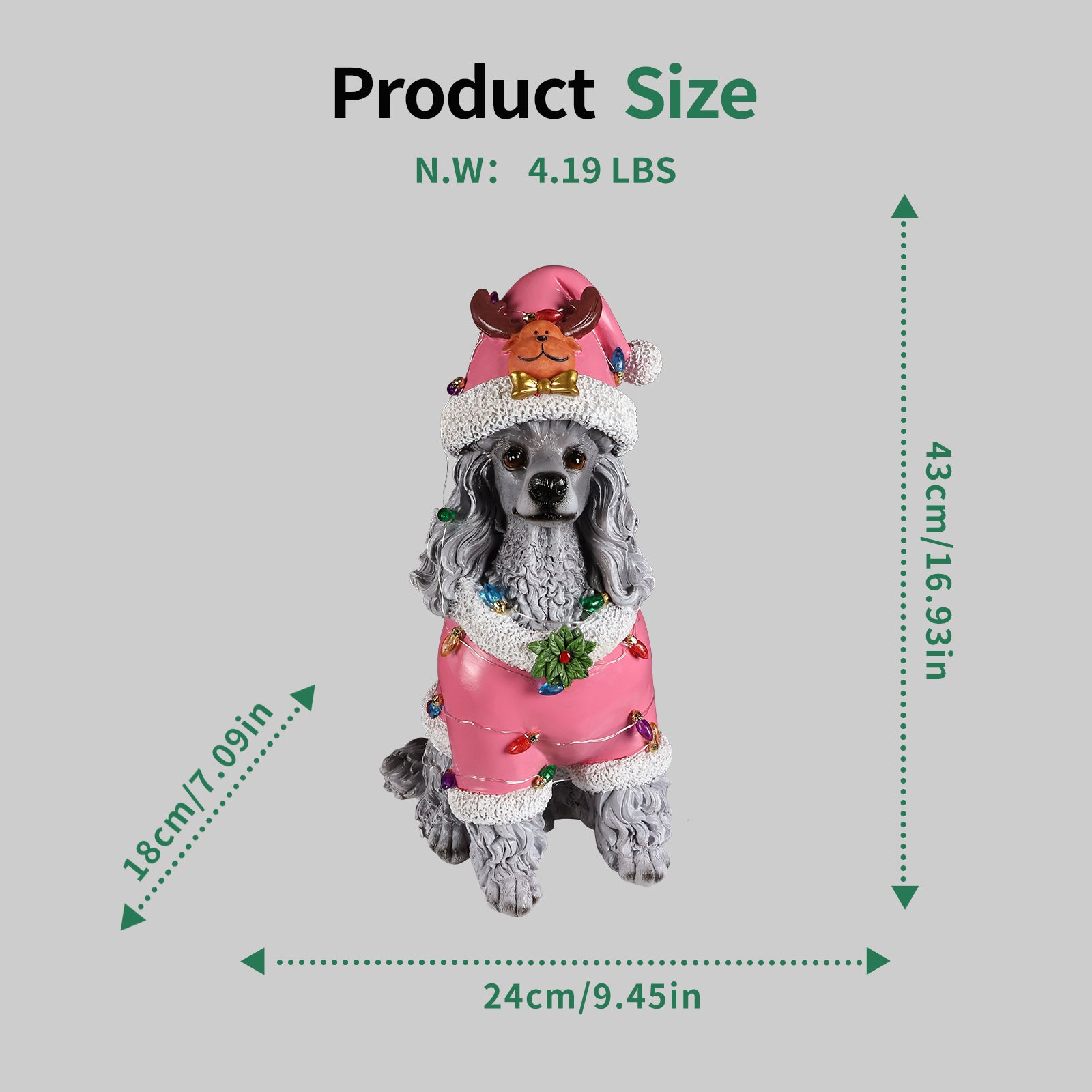 Size diagram of the Poodle Christmas statue with height, width and depth measured in inches and its weight in pounds