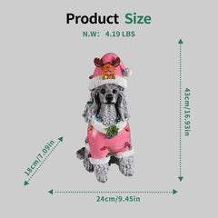 Size diagram of the Poodle Christmas statue with height, width and depth measured in inches and its weight in pounds