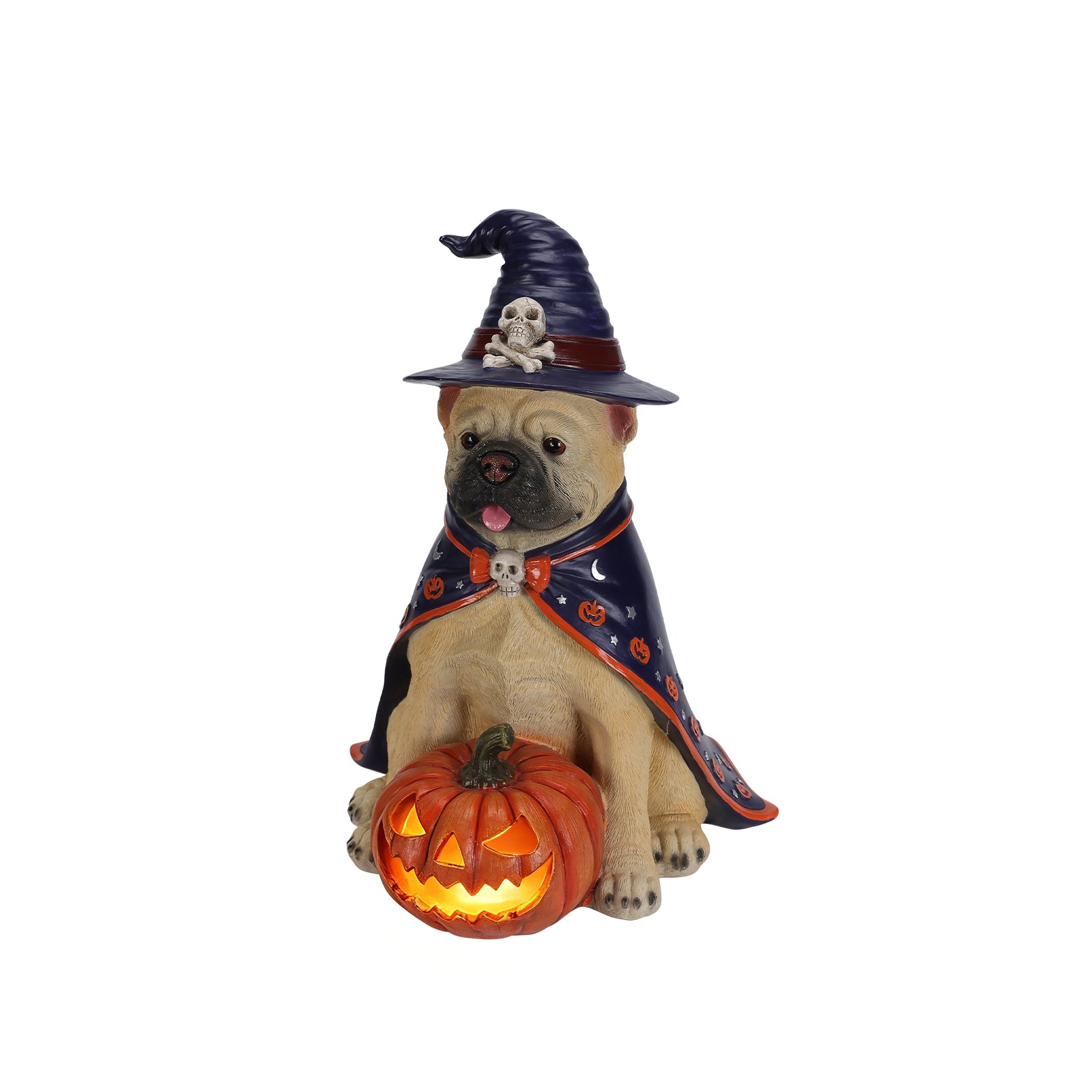 Bulldog Halloween statue on a plain background, three quarter view, showing the lit carved pumpkin at its feet