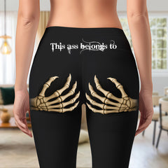 Edgy Skeleton Hand Print Black Leggings - "This Ass Belongs To" Gothic Graphic Yoga Pants - Spooky Season Streetwear