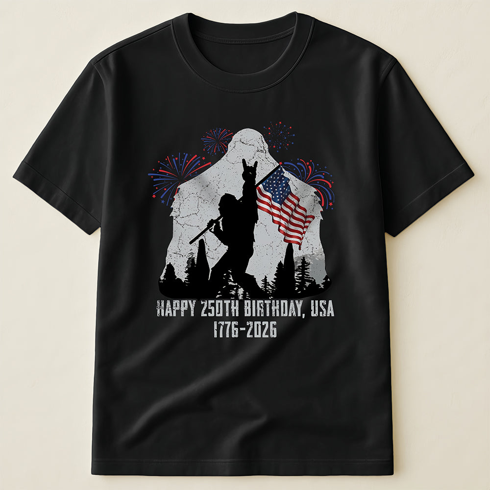 Bigfoot Holding American Flag 1776-2026 T-Shirt, Funny Independence Day Sasquatch Tee
