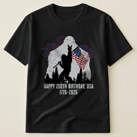Bigfoot Holding American Flag 1776-2026 T-Shirt, Funny Independence Day Sasquatch Tee
