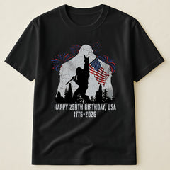 Bigfoot Holding American Flag 1776-2026 T-Shirt, Funny Independence Day Sasquatch Tee