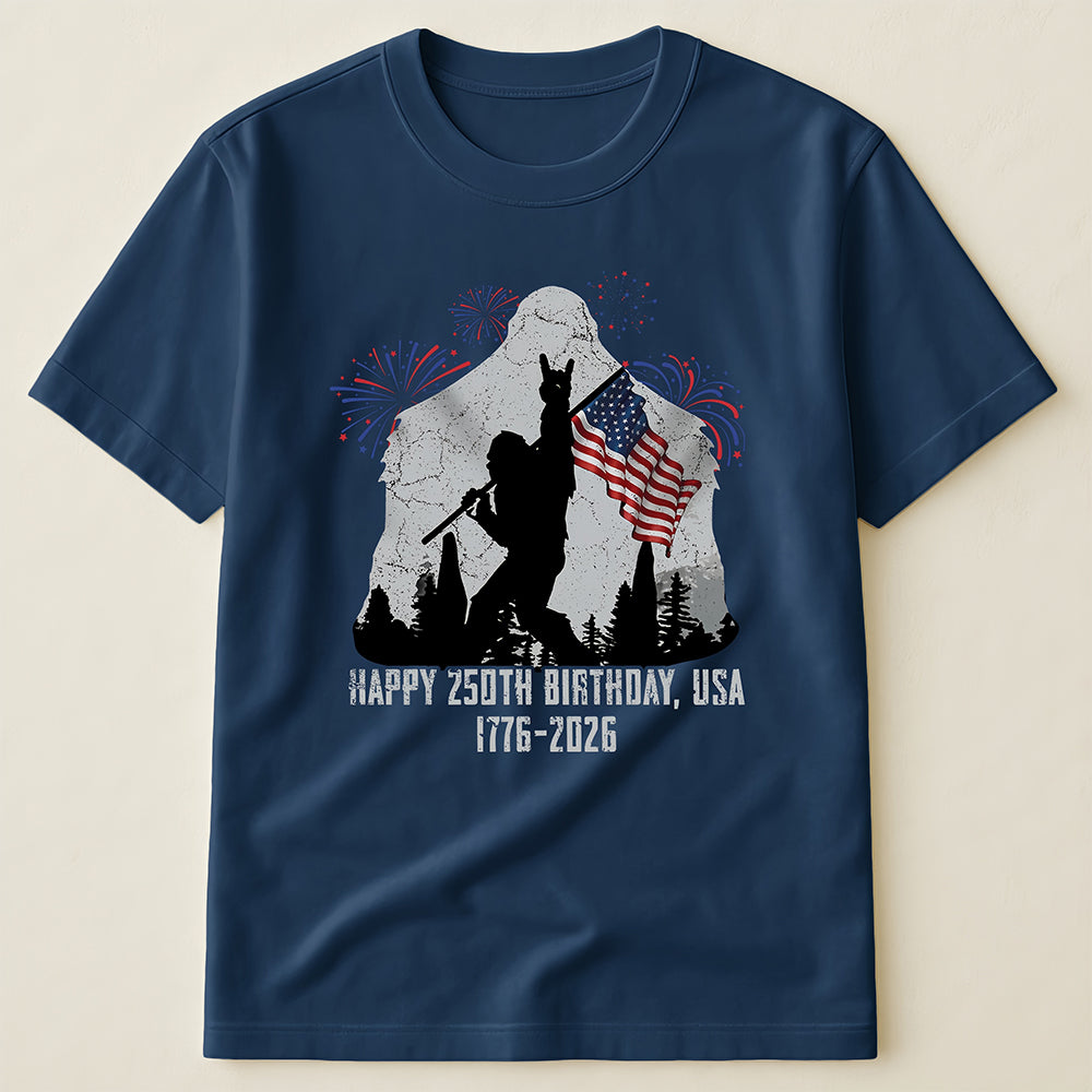 Bigfoot Holding American Flag 1776-2026 T-Shirt, Funny Independence Day Sasquatch Tee