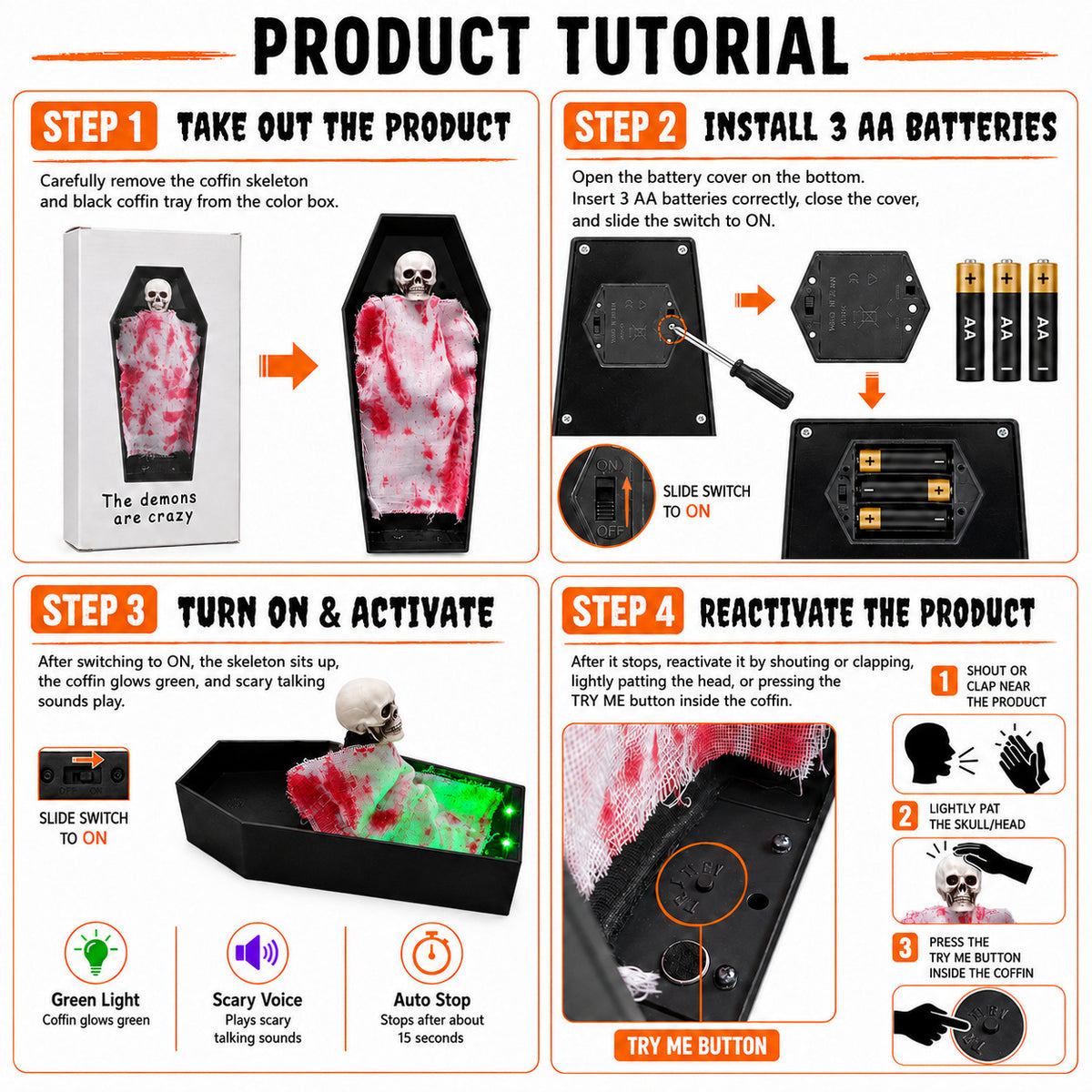 Halloween voice-controlled coffin skeleton motion props