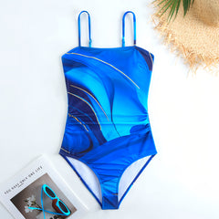 Piece Marble Print Swimsuit with Cover Up Sarong - Square Neck High Cut One Piece Bathing Suit