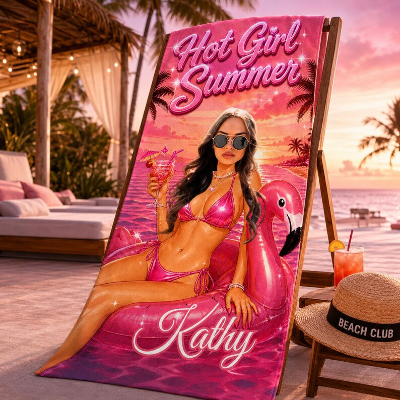 Custom Face Flamingo Beach Towel, Personalized Bachelorette Gift, Gag Gifts.