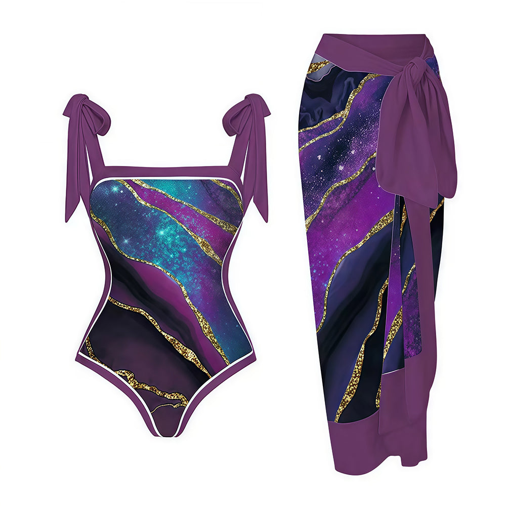 Gold Foil Agate Pattern Bathing Suit with Cover Up