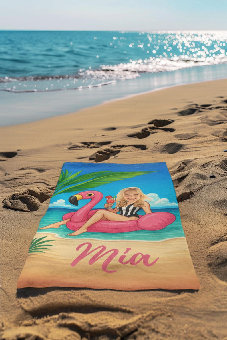 Custom Face Flamingo Beach Towel, Personalized Bachelorette Gift,