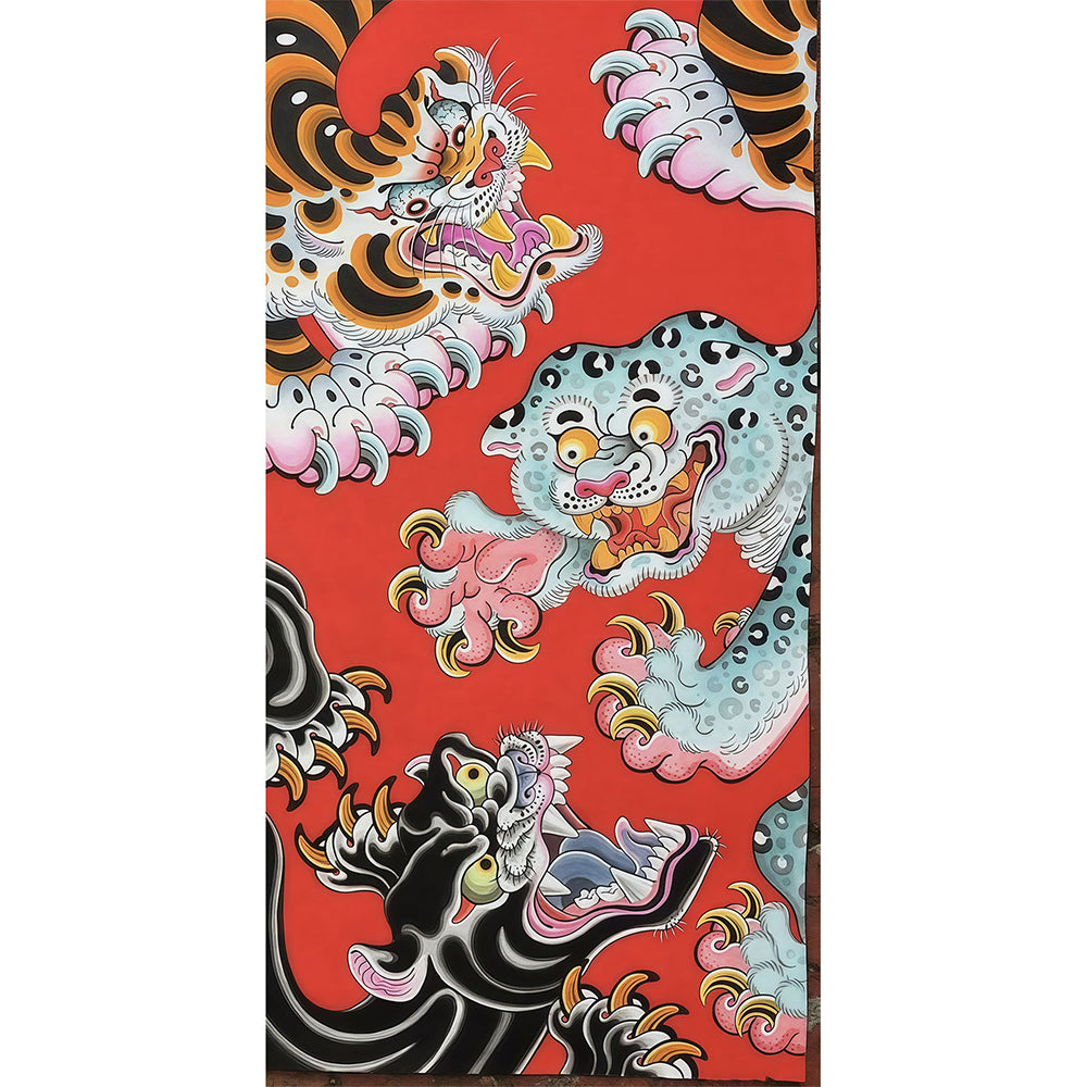 Traditional Japanese Tattoo-Style Wild Cats Red Backdrop Blanket